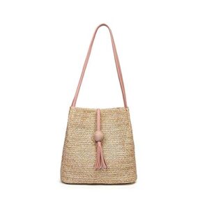 copylove handle straw bag, women’s summer bucket bag shoulder straw wooden ball fringe messenger bag hot (#2)