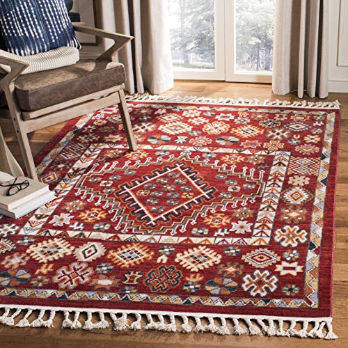 SAFAVIEH Farmhouse Collection 3' x 5' Red / Ivory FMH814Q Moroccan Boho Tassel Area Rug