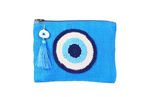 Evil Eye Jute Small Clutch/Pouch Bag Turquoise Beach Bag Zipper Gift Bag with Tassel