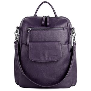 UTO Women Backpack Purse 3 ways PU Washed Leather Ladies Rucksack Shoulder Bag C Purple