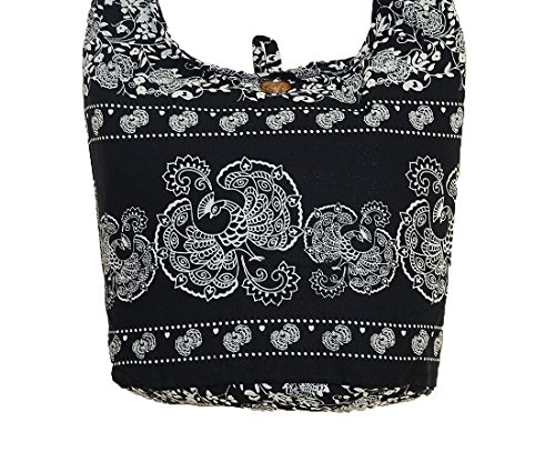 Thai Hippie Hobo Sling Crossbody Shoulder Bag Purse Handmade Zip Peacock Pattern Cotton Gypsy Boho Messenger Medium (M440 (Black))