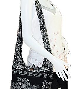 Thai Hippie Hobo Sling Crossbody Shoulder Bag Purse Handmade Zip Peacock Pattern Cotton Gypsy Boho Messenger Medium (M440 (Black))