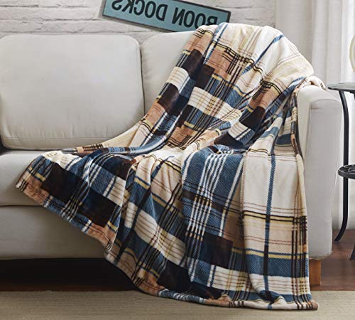 Tache Winter Cabin Blue Tan Farmhouse Super Soft Micro Fleece Tartan Plaid Plush Lightweight Dual-Sided Decorative Couch, Sofa, Travel, Lap, Bed Throw Blanket, 50x60