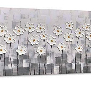 Yihui Arts Canvas Wall Art Grey and White Flowers Pictures Blossom Modern Floral Pallet Knife Painting Framed for Bedroom Kitchen Dinning Room Living Room Office Home Decor