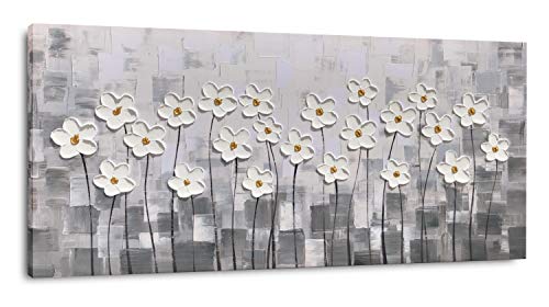 Yihui Arts Canvas Wall Art Grey and White Flowers Pictures Blossom Modern Floral Pallet Knife Painting Framed for Bedroom Kitchen Dinning Room Living Room Office Home Decor