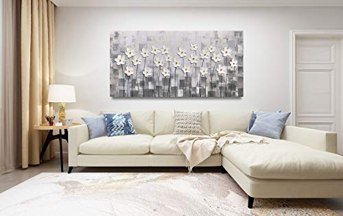 Yihui Arts Canvas Wall Art Grey and White Flowers Pictures Blossom Modern Floral Pallet Knife Painting Framed for Bedroom Kitchen Dinning Room Living Room Office Home Decor