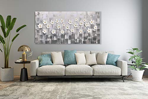 Yihui Arts Canvas Wall Art Grey and White Flowers Pictures Blossom Modern Floral Pallet Knife Painting Framed for Bedroom Kitchen Dinning Room Living Room Office Home Decor