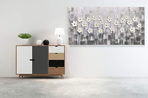 Yihui Arts Canvas Wall Art Grey and White Flowers Pictures Blossom Modern Floral Pallet Knife Painting Framed for Bedroom Kitchen Dinning Room Living Room Office Home Decor