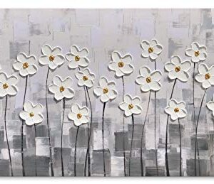 Yihui Arts Canvas Wall Art Grey and White Flowers Pictures Blossom Modern Floral Pallet Knife Painting Framed for Bedroom Kitchen Dinning Room Living Room Office Home Decor