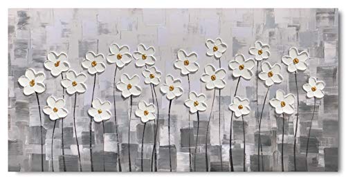 Yihui Arts Canvas Wall Art Grey and White Flowers Pictures Blossom Modern Floral Pallet Knife Painting Framed for Bedroom Kitchen Dinning Room Living Room Office Home Decor