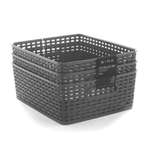 bino woven plastic storage basket, medium– 3 pack (grey)