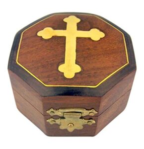 cb brown wood rosary box with gold budded cross, 2 3/4 inch