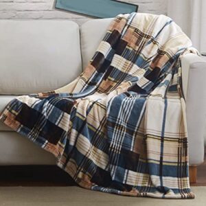 tache winter cabin blue tan farmhouse super soft micro fleece tartan plaid plush lightweight throw blanket, 66×90, twin size