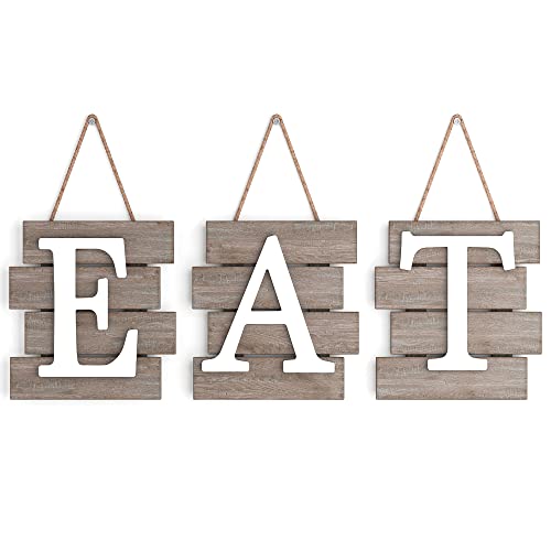 Barnyard Designs Eat Sign Wall Decor, Rustic Farmhouse Decoration for Kitchen and Home, Decorative Hanging Wooden Letters, Country Wall Art, Distressed Brown/White, 24" x 8”