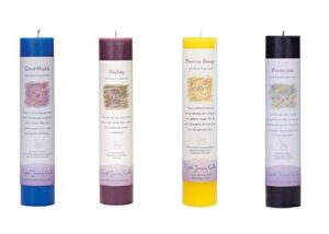 crystal journey reiki charged herbal magic pillar candle with inspirational labels – bundle of 4 (good health, healing, positive energy, protection) each 7″x1.5″ handcrafted with lead-free materials