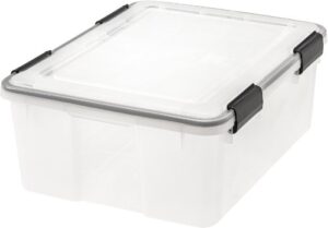 iris usa 30 quart weatherpro plastic storage box with durable lid and seal and secure latching buckles, weathertight, clear with black buckles, 1 pack
