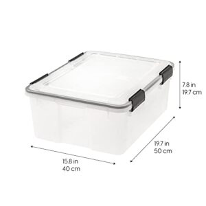 IRIS USA 30 Quart WEATHERPRO Plastic Storage Box with Durable Lid and Seal and Secure Latching Buckles, Weathertight, Clear with Black Buckles, 1 Pack