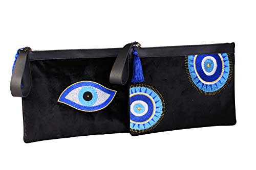 KarensLine Handmade Evil Eye Embroidered Black Velvet Clutch Bag Sunny Beach Summer Style, Medium