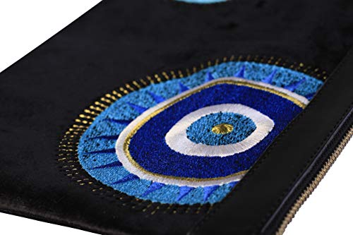 KarensLine Handmade Evil Eye Embroidered Black Velvet Clutch Bag Sunny Beach Summer Style, Medium