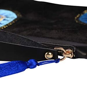 KarensLine Handmade Evil Eye Embroidered Black Velvet Clutch Bag Sunny Beach Summer Style, Medium