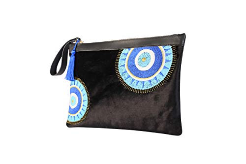 KarensLine Handmade Evil Eye Embroidered Black Velvet Clutch Bag Sunny Beach Summer Style, Medium