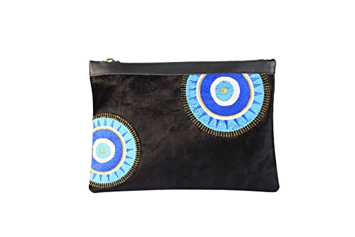 KarensLine Handmade Evil Eye Embroidered Black Velvet Clutch Bag Sunny Beach Summer Style, Medium