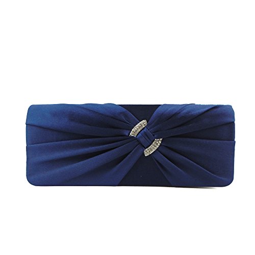 AITING Womens Satin Diamante Pleated Evening Clutch Bag Bridal Handbag Prom Purse (Navy Blue)