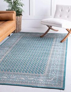 unique loom williamsburg collection traditional border with dotted center area rug, rectangular 6′ 1″ x 9′ 0″, teal/beige