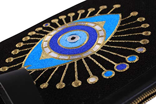 KarensLine Handmade Evil Eye Embroidery Black Jute Clutch Bag Sun Beach Summer Style, Medium