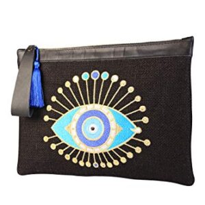 KarensLine Handmade Evil Eye Embroidery Black Jute Clutch Bag Sun Beach Summer Style, Medium