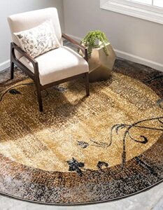 unique loom barista collection modern, abstract, botanical, border, distressed, vintage, rustic, warm colors area rug, 4 ft round, beige/gray