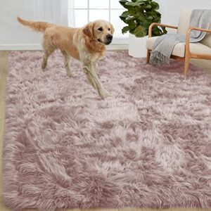 gorilla grip fluffy faux fur area rug, 5×7, rubber backing, machine washable soft furry rugs for living room, bedroom, baby nursery decor, durable fuzzy throw carpet for dorm floor, dusty rose
