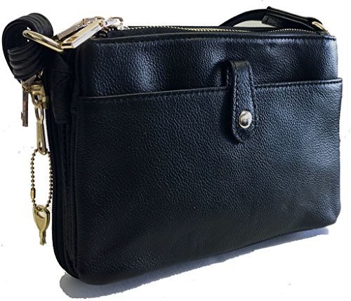 Compact Genuine Leather Concealed Carry Purse, Shoulder or Cross-Body, CCW, Black