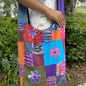 Happy Flowers Razor Cut Hippie Patchwork Sling Crossbody Boho Handbag Bohemian Purse