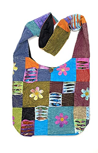 Happy Flowers Razor Cut Hippie Patchwork Sling Crossbody Boho Handbag Bohemian Purse