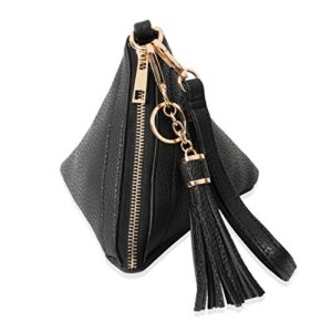 triangle vegan leather wristlet clutch purse handbag – pyramid evening cocktail pouch wallet detachable strap & tassel charm (black) one size