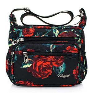 Womens Nylon Floral Shoulder Bag Crossbody Bag Messenger Bags Travel Handbags With Adjustable Strap Waterproof (A rose)