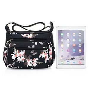 Womens Nylon Floral Shoulder Bag Crossbody Bag Messenger Bags Travel Handbags With Adjustable Strap Waterproof (A rose)