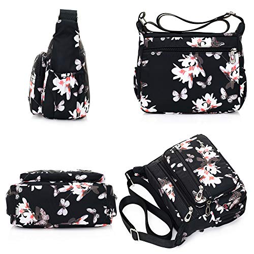 Womens Nylon Floral Shoulder Bag Crossbody Bag Messenger Bags Travel Handbags With Adjustable Strap Waterproof (A rose)