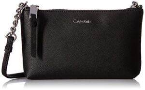 calvin klein hayden key item saffiano top zip chain crossbody purse, black/silver