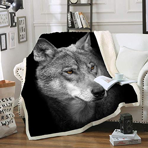 Black Wolf Blanket Comfort Warmth Soft Cozy Air Conditioning Machine Wash Black and White Rose Skull Sherpa Fleece Blanket (Throw 60"x80") (Black Wolf)