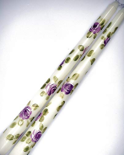 Decorative Dripless Romantic Hand Painted Purple Flower Lavender Rose Taper Candles Set in a Gift Box