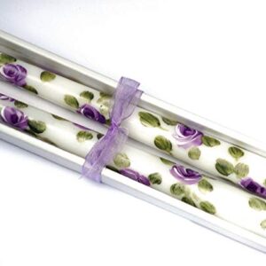 Decorative Dripless Romantic Hand Painted Purple Flower Lavender Rose Taper Candles Set in a Gift Box