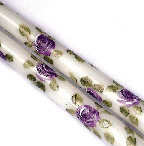 Decorative Dripless Romantic Hand Painted Purple Flower Lavender Rose Taper Candles Set in a Gift Box