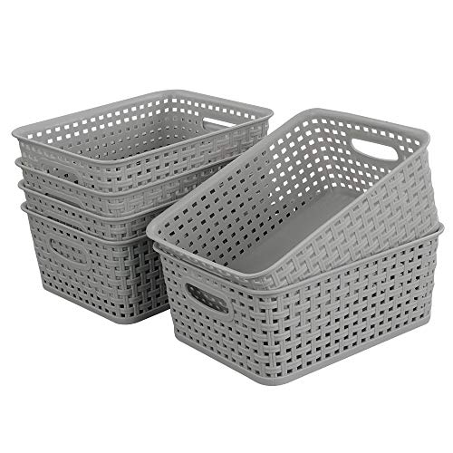 HOMMP 6-Pack Plastic Storage Organizer Basket, 10.04"L x 7.48"W x 3.95"H, Slightly Gray