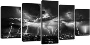 biuteawal – black and white wall art nature lightning strikes in the clouds painting on canvas storm and city night view picture print for home office living room decoration wall decor