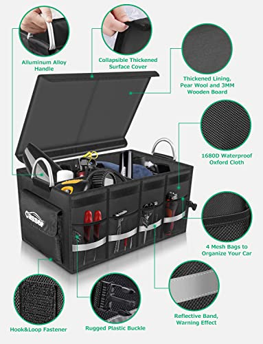 Oasser Trunk Organizer Cargo Organizer Trunk Storage Waterproof Collapsible Durable Multi Compartments with Foldable Cover Aluminium Alloy Handle Reflective Strip