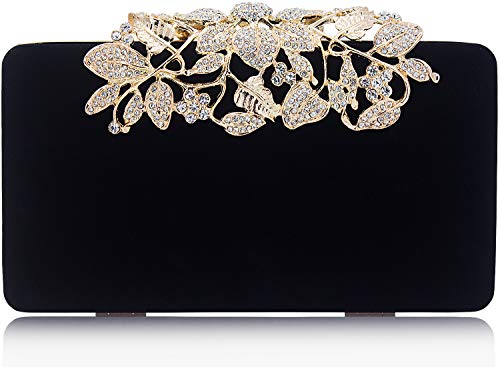 Dexmay Velvet Women Clutch Evening Bag with Rhinestone Crystal Flower Clasp Formal Purse for Party Black