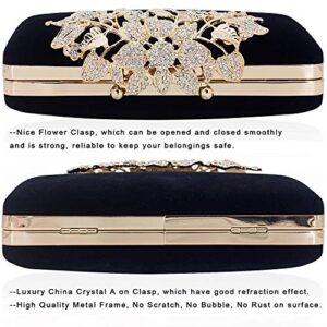 Dexmay Velvet Women Clutch Evening Bag with Rhinestone Crystal Flower Clasp Formal Purse for Party Black