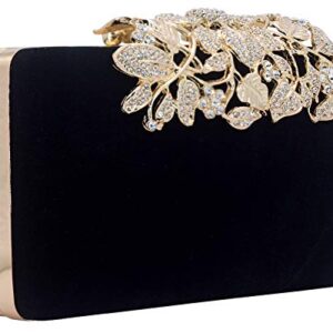 Dexmay Velvet Women Clutch Evening Bag with Rhinestone Crystal Flower Clasp Formal Purse for Party Black